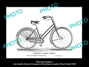 OLD HISTORIC PHOTO OF PLYMOUTH INDIANA, SMALLEY BICYCLE Co AD MODEL 1 c1894