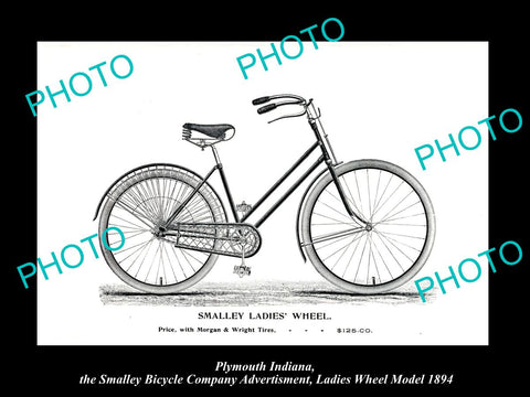 OLD HISTORIC PHOTO OF PLYMOUTH INDIANA, SMALLEY BICYCLE Co AD MODEL 1 c1894