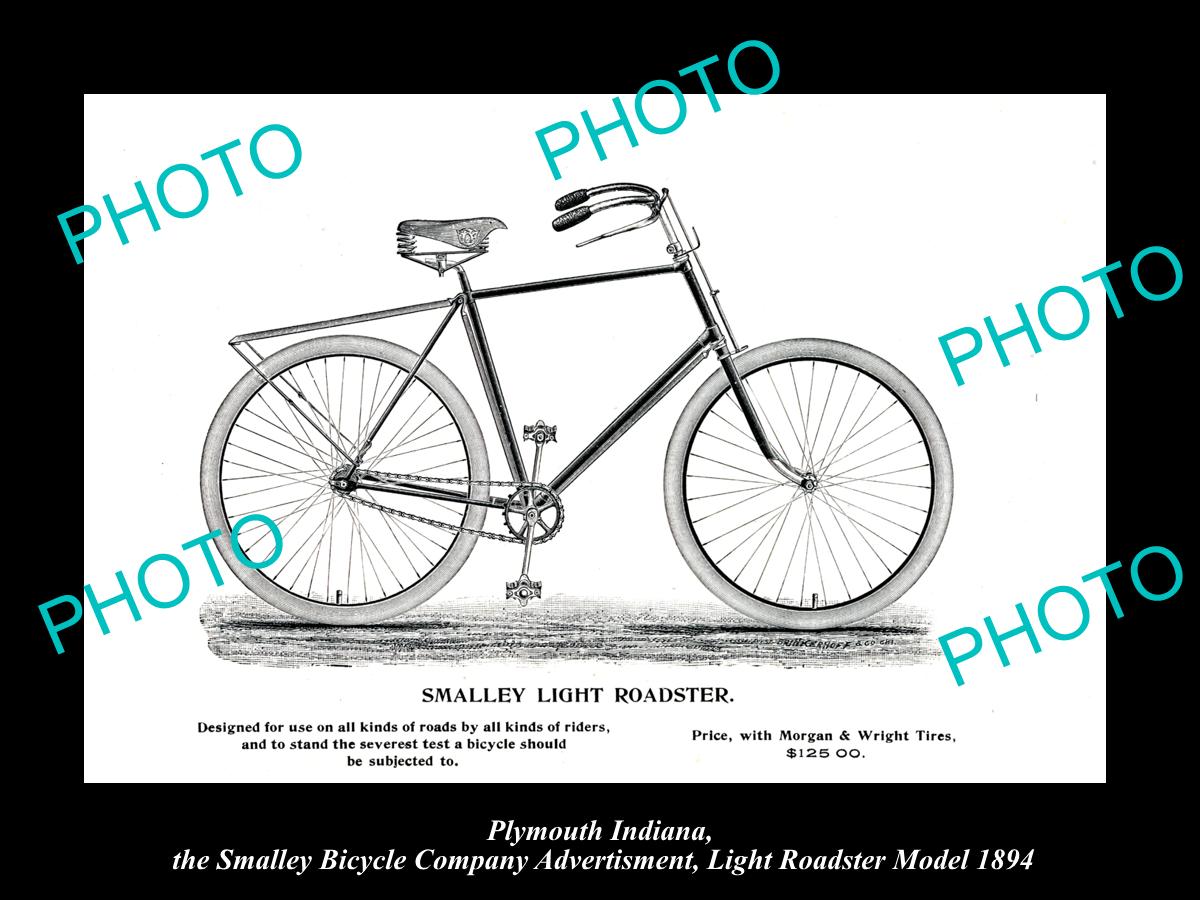 OLD HISTORIC PHOTO OF PLYMOUTH INDIANA, SMALLEY BICYCLE Co AD MODEL 2 c1894