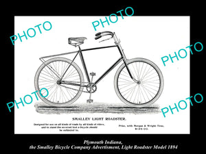 OLD HISTORIC PHOTO OF PLYMOUTH INDIANA, SMALLEY BICYCLE Co AD MODEL 2 c1894