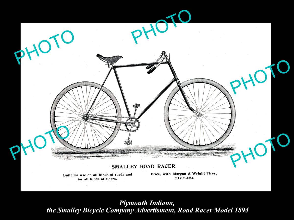 OLD HISTORIC PHOTO OF PLYMOUTH INDIANA, SMALLEY BICYCLE Co AD MODEL 3 c1894