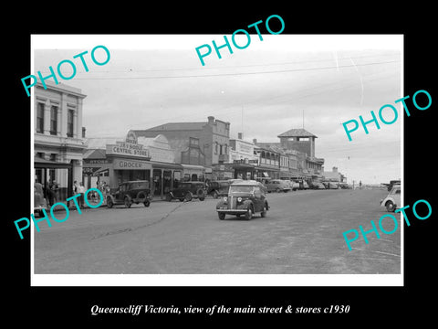 OLD LARGE HISTORIC PHOTO OF QUEENSCLIFF VICTORIA, THE MAIN St & STORES c1930