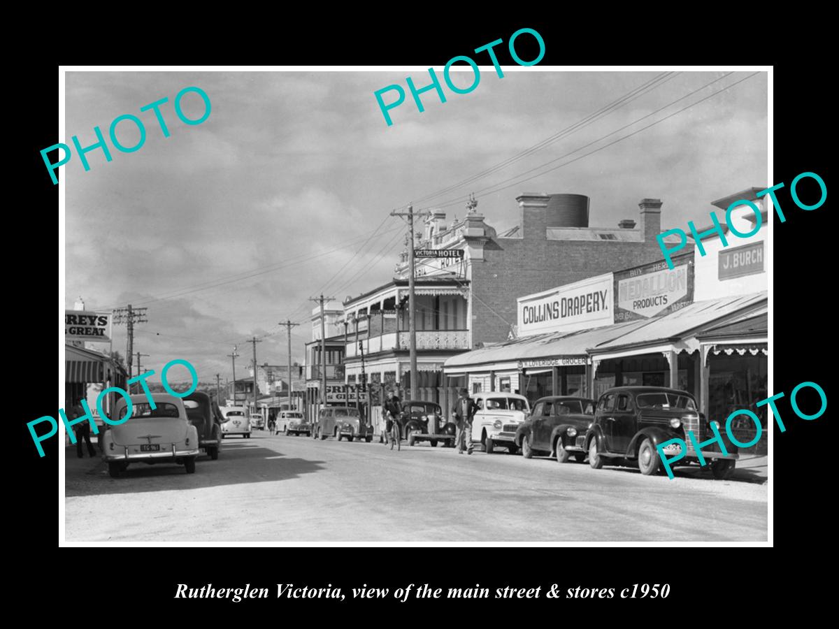 OLD LARGE HISTORIC PHOTO OF RUTHERGLEN VICTORIA, THE MAIN St & STORES c1950 2