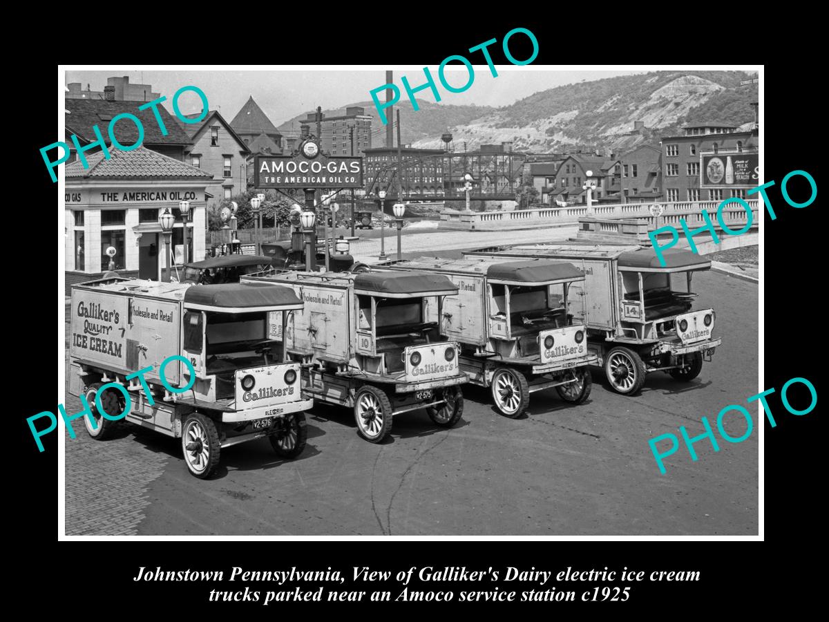 OLD HISTORIC PHOTO OF JOHNSTOWN PENNSYLVANIA, GALLIKERS ICE CREAM TRUCKS c1925