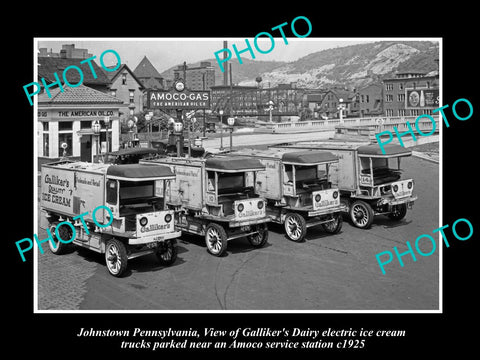 OLD HISTORIC PHOTO OF JOHNSTOWN PENNSYLVANIA, GALLIKERS ICE CREAM TRUCKS c1925