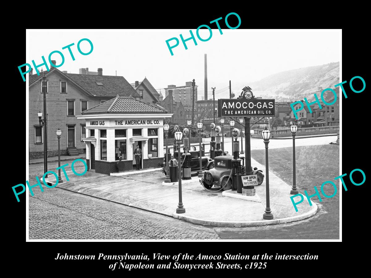 OLD LARGE HISTORIC PHOTO OF JOHNSTOWN PENNSYLVANIA, THE AMOCO GAS STATION c1925