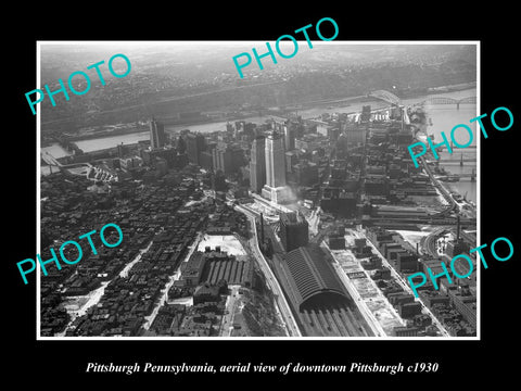 OLD LARGE HISTORIC PHOTO OF PITTSBURGH PENNSYLVANIA, AERIAL OF DOWNTOWN c1930