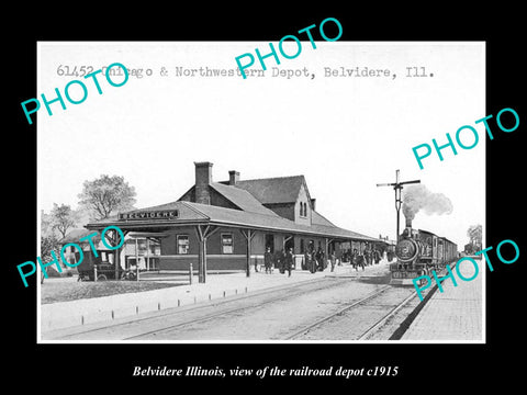 OLD LARGE HISTORIC PHOTO OF BELVIDERE ILLINOIS, THE RAILROAD DEPOT c1915