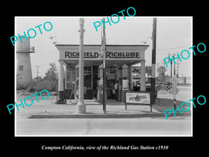 OLD LARGE HISTORIC PHOTO OF COMPTON CALIFORNIA, THE RICHLANDS GAS STATION c1930