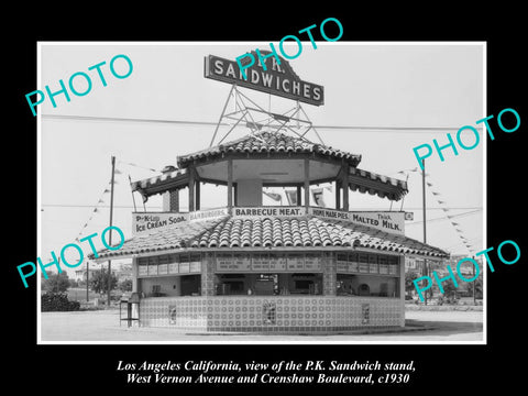 OLD LARGE HISTORIC PHOTO OF LOS ANGELES CALIFORNIA, THE PK SANDWICH STAND c1930