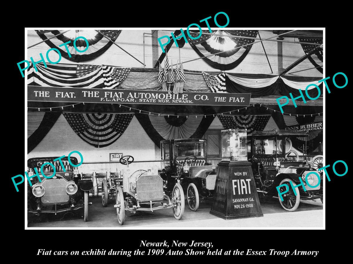 OLD LARGE HISTORIC PHOTO OF NEWARK NEW JERSEY, THE FIAT AUTO SHOW DISPLAY c1909