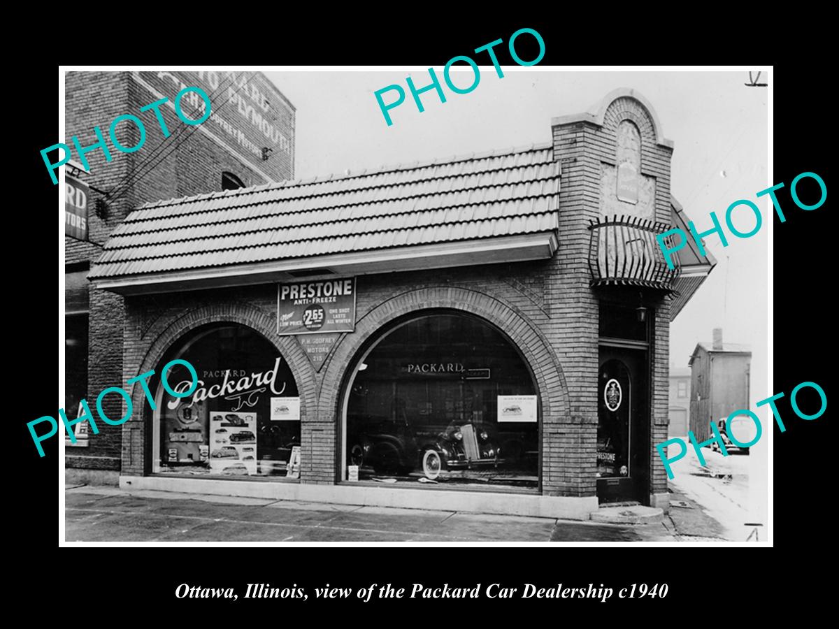 OLD LARGE HISTORIC PHOTO OF OTTAWA ILLINOIS, THE PACKARD CAR DEALERSHIP c1940