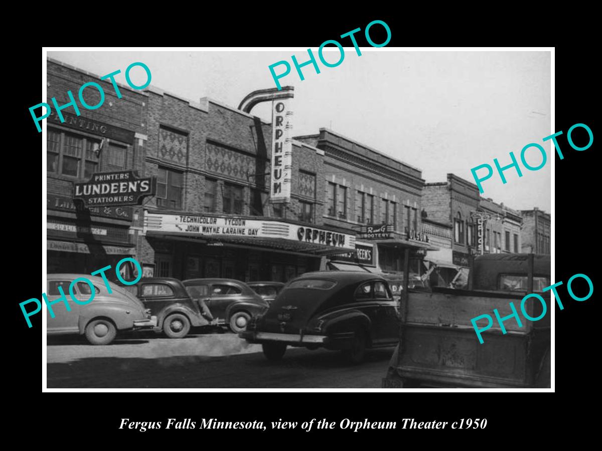 OLD LARGE HISTORIC PHOTO OF FERGUS FALLS MINNESOTA VIEW OF ORPHEUM THEATRE c1950