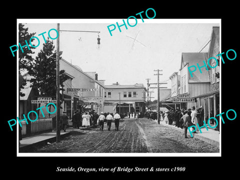 OLD LARGE HISTORIC PHOTO OF SEASIDE OREGON, THE MAIN STREET & STORES c1900