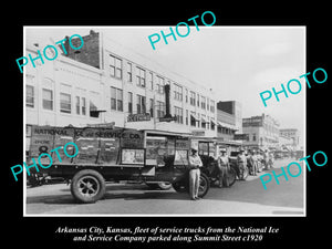 OLD LARGE HISTORIC PHOTO OF ARKANSAS CITY KANSAS, THE NATIONAL ICE Co FLEET 1920