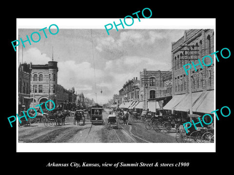 OLD LARGE HISTORIC PHOTO OF ARKANSAS CITY KANSAS VIEW OF SUMMIT St & STORES 1900