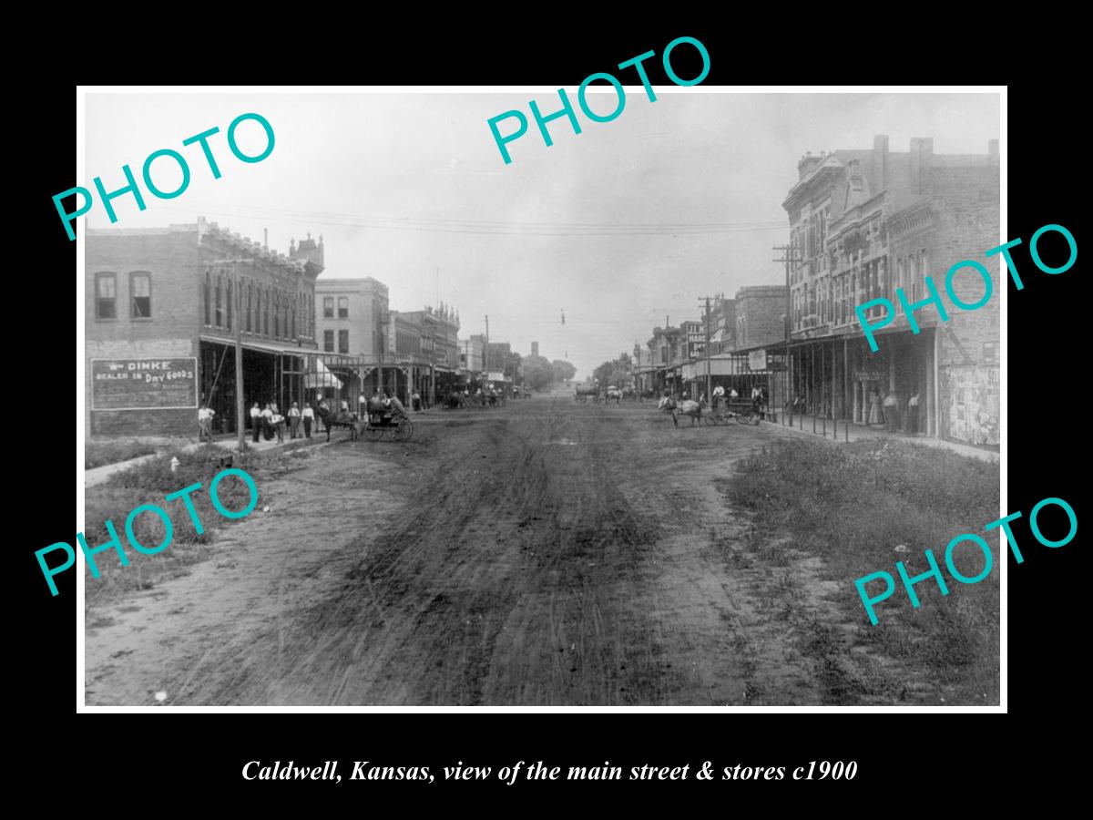 OLD LARGE HISTORIC PHOTO OF CALDWELL KANSAS, THE MAIN STREET & STORES c1900