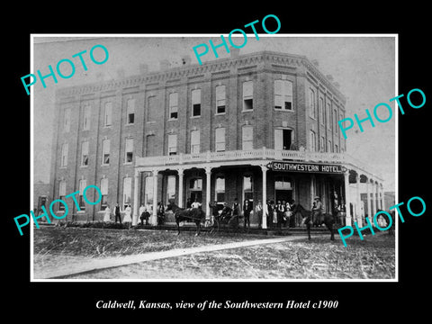 OLD LARGE HISTORIC PHOTO OF CALDWELL KANSAS, THE SOUTHWESTERN HOTEL c1900