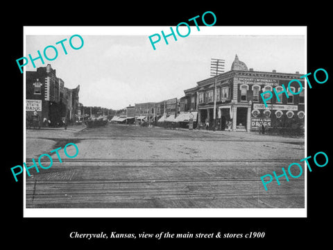 OLD LARGE HISTORIC PHOTO OF CHERRYVALE KANSAS, THE MAIN St & STORES c1900