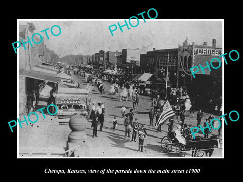 OLD LARGE HISTORIC PHOTO OF CHETOPA KANSAS, PARADE DOWN THE MAIN STREET c1900