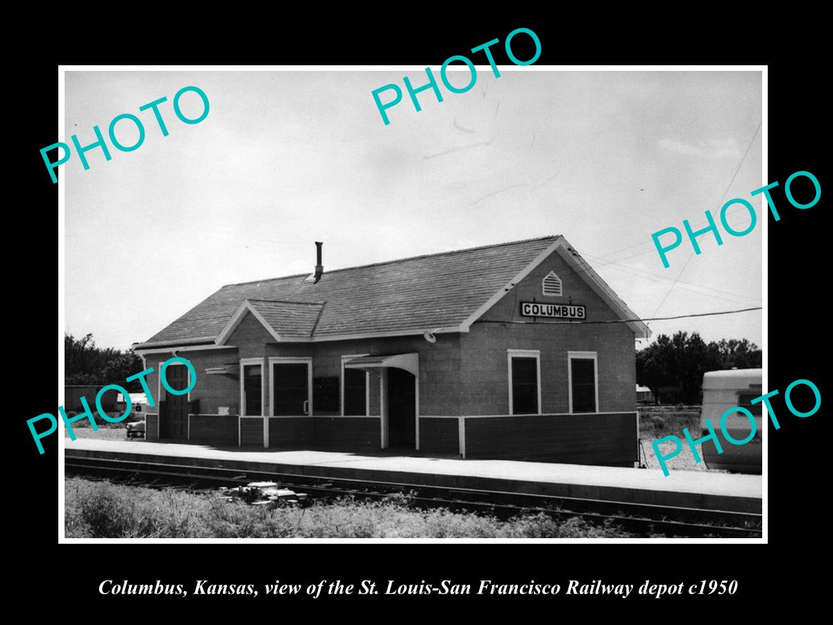 OLD LARGE HISTORIC PHOTO OF COLUMBUS KANSAS, THE SLSF RAILROAD DEPOT c1950