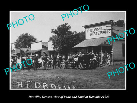 OLD LARGE HISTORIC PHOTO OF DANVILLE KANSAS, THE BANK & BAND c1920