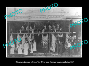 OLD LARGE HISTORIC PHOTO OF GALENA KANSAS, THE WEST & CARNEY MEAT MARKET c1900