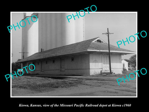 OLD LARGE HISTORIC PHOTO OF KIOWA KANSAS, THE MP RAILROAD DEPOT c1960