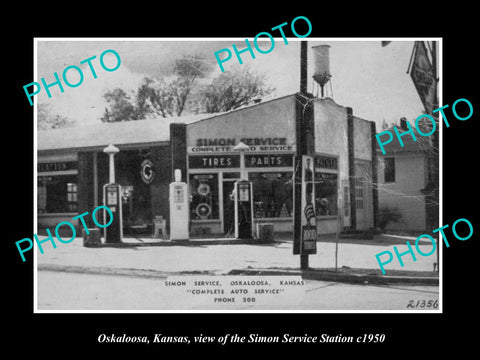 OLD LARGE HISTORIC PHOTO OF OSKALOOSA KANSAS, THE SIMON SERVICE STATION c1950