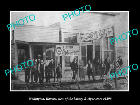 OLD LARGE HISTORIC PHOTO OF WELLINGTON KANSAS, THE BAKERY & CIGAR STORE c1890