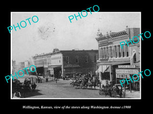 OLD LARGE HISTORIC PHOTO OF WELLINGTON KANSAS, STORES ON WASHINGTON Ave c1900