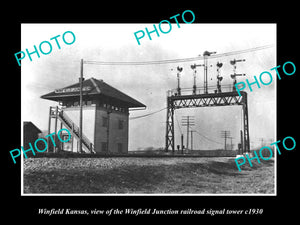 OLD LARGE HISTORIC PHOTO OF WINFIELD KANSAS, RAILROAD JUNCTION SIGNAL TOWER 1930