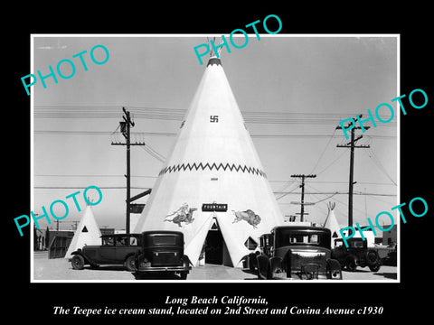 OLD LARGE HISTORIC PHOTO OF LONG BEACH CALIFORNIA, TEEPEE ICE CREAM STAND c1930