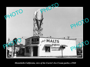 OLD LARGE HISTORIC PHOTO OF MONTEBELLO CALIFORNIA, CURRIES ICE CREAM STORE c1940