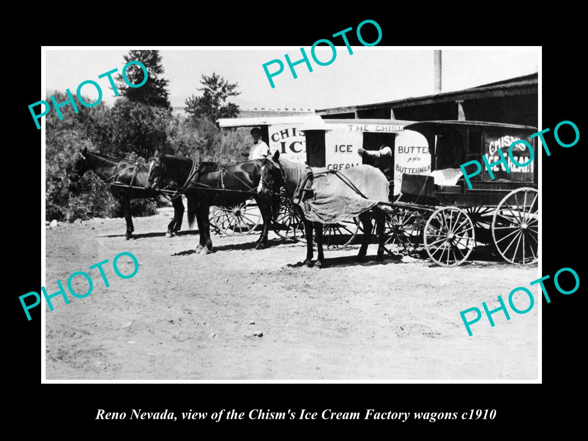 OLD LARGE HISTORIC PHOTO OF RENO NEVADA, THE CHISM ICE CREAM Co WAGONS c1910