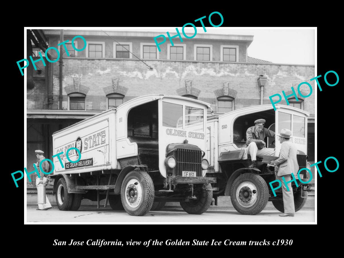 OLD HISTORIC PHOTO OF SAN JOSE CALIFORNIA, GOLDEN STATE ICE CREAM TRUCKS c1930