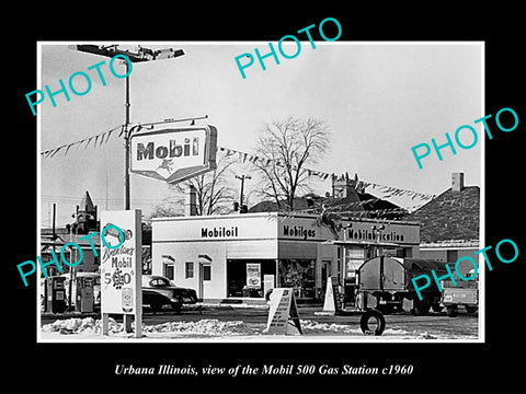 OLD LARGE HISTORIC PHOTO OF URBANA ILLINOIS, THE MOBIL GAS STATION c1960