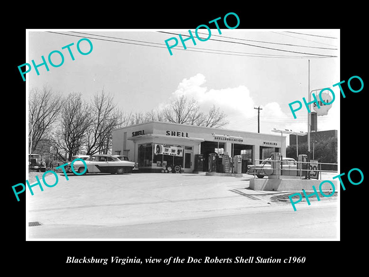 OLD LARGE HISTORIC PHOTO OF BLACKSBURG VIRGINIA, THE SHELL OIL GAS STATION c1960