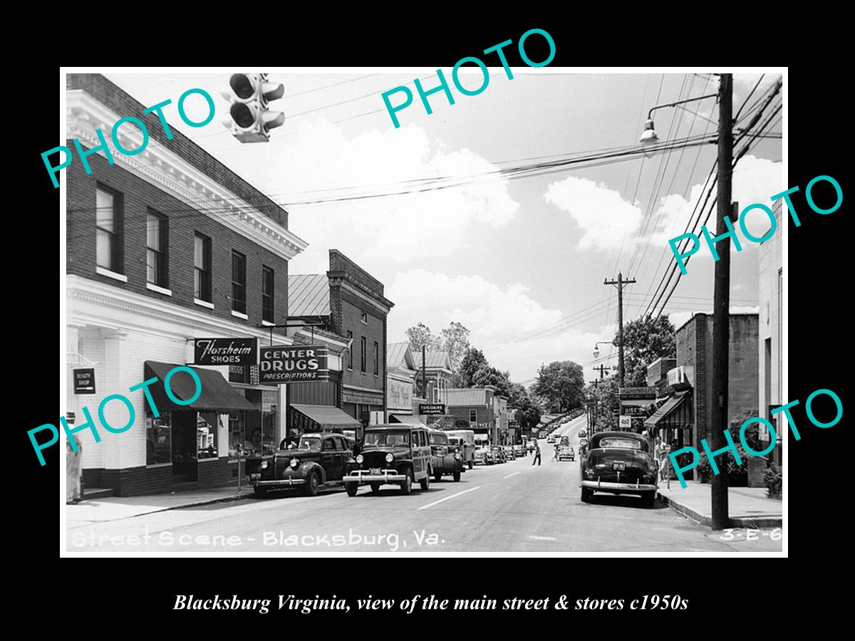 OLD LARGE HISTORIC PHOTO OF BLACKSBURG VIRGINIA, THE MAIN STREET & STORES C1950