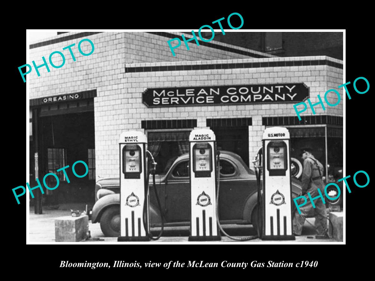 OLD LARGE HISTORIC PHOTO OF BLOOMINGTON ILLINOIS, McLEAN COUNTY GAS STATION 1940