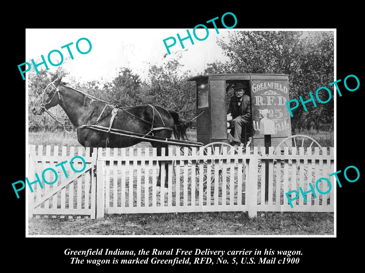 OLD LARGE HISTORIC PHOTO OF GREENFIELD INDIANA, THE US MAIL RFD HORSE WAGON 1900