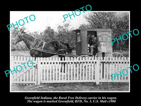 OLD LARGE HISTORIC PHOTO OF GREENFIELD INDIANA, THE US MAIL RFD HORSE WAGON 1900