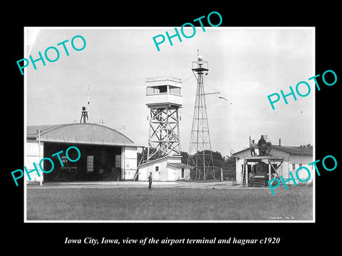 OLD LARGE HISTORIC PHOTO OF IOWA CITY IOWA, THE AIRPORT TERMINAL & HANGAR c1920