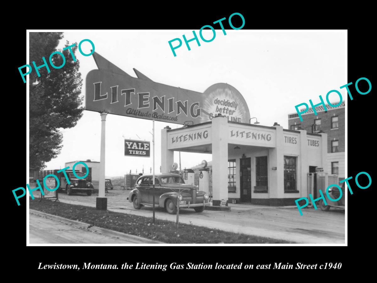 OLD LARGE HISTORIC PHOTO OF LEWISTOWN MONTANA, THE LITENING GAS STATION c1940