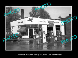 OLD LARGE HISTORIC PHOTO OF LEWISTOWN MONTANA, THE MOBIL GAS STATION c1950