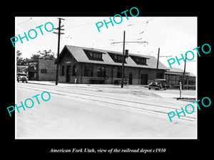 OLD LARGE HISTORIC PHOTO OF AMERICAN FORK UTAH, VIEW OF RAILROAD STATION c1930