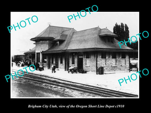 OLD LARGE HISTORIC PHOTO OF BRIGHAM CITY UTAH, VIEW OF RAILROAD STATION c1910