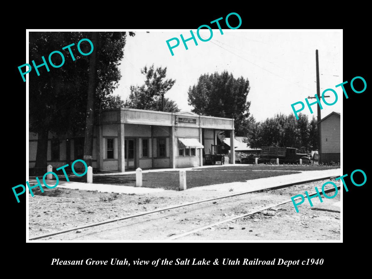 OLD LARGE HISTORIC PHOTO OF PLEASANT GROVE UTAH, VIEW OF RAILROAD STATION c1940