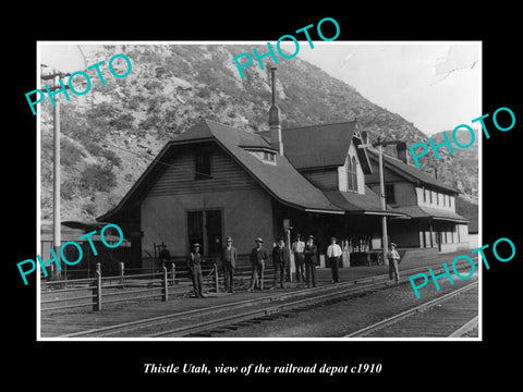 OLD LARGE HISTORIC PHOTO OF THISTLE UTAH, VIEW OF RAILROAD STATION c1910