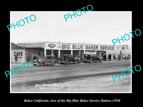 OLD LARGE HISTORIC PHOTO OF BAKER CALIFORNIA, THE BIG BLUE SERVICE STATION c1930